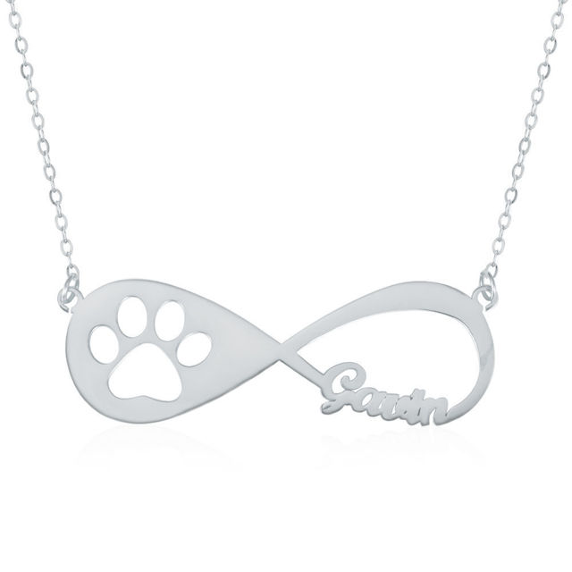 Picture of Pet Paw Print Infinity Name Necklace 14K Gold Plated - Customize With Any Name or Birthstone | Custom Name Necklace 925 Sterling Silver