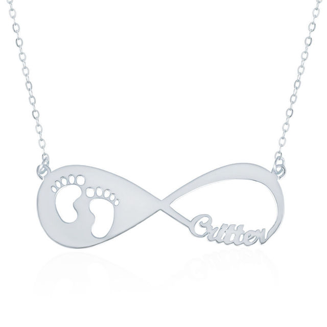 Picture of Baby Footprint Infinity Name Necklace Silver - Customize With Any Name or Birthstone | Custom Name Necklace 925 Sterling Silver