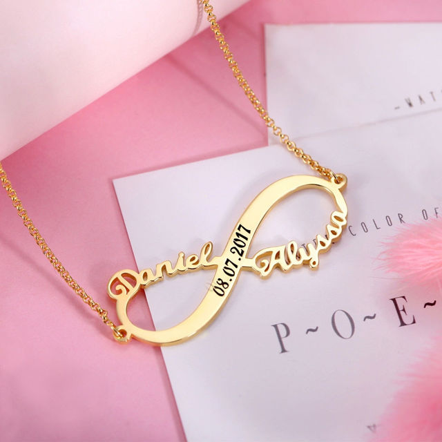 Picture of Custom 2 Names Infinity Necklace with Date in Gold - Customize With Any Name or Birthstone | Custom Name Necklace 925 Sterling Silver