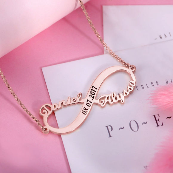 Picture of Custom 2 Names Infinity Necklace with Date in Gold - Customize With Any Name or Birthstone | Custom Name Necklace 925 Sterling Silver