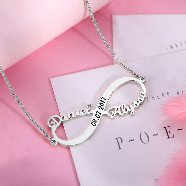 Picture of Custom 2 Names Infinity Necklace with Date in Gold - Customize With Any Name or Birthstone | Custom Name Necklace 925 Sterling Silver