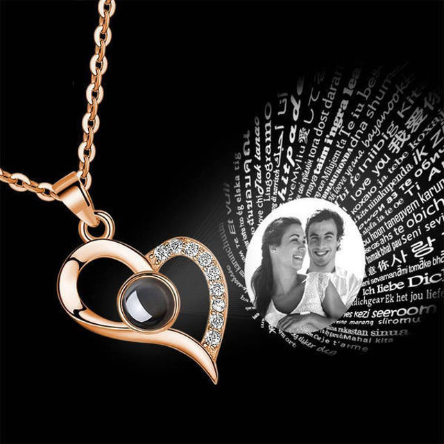 Picture of I Love You Necklace in 100 Languages Projection Necklace Heart-shaped - Customize With Any Photo | Custom Photo Necklace in Copper or 925 Sterling Silver