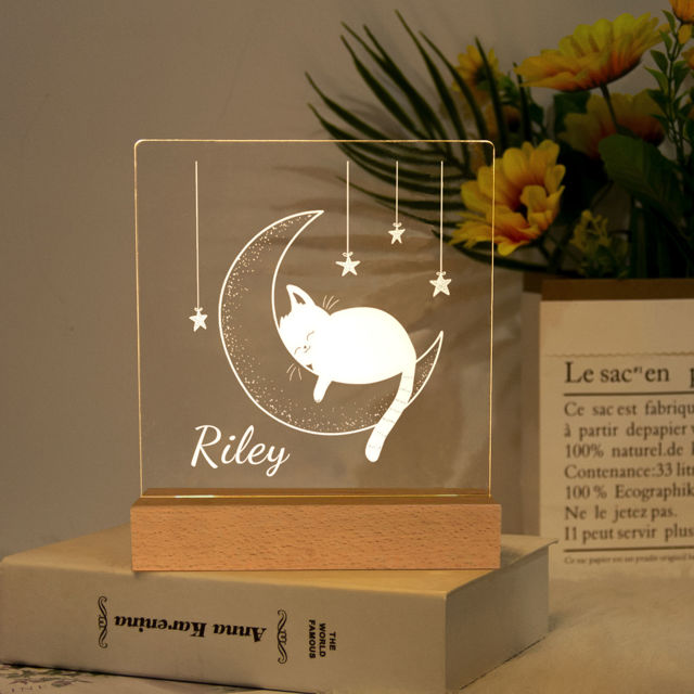 Picture of Moon Cat Night Light | Personalized It With Your Kid's Name | Best Gifts Idea for Birthday, Thanksgiving, Christmas etc.