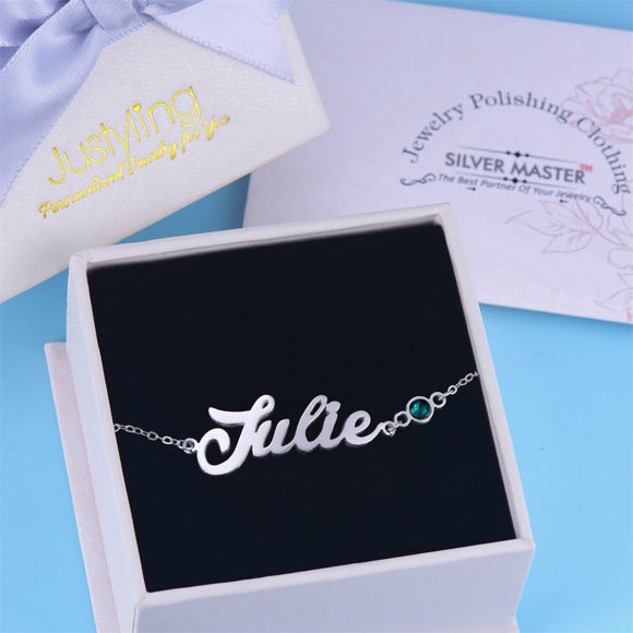 Picture of 925 Sterling Silver Personalized Name Bracelet In Birthstone - Customize With Any Name or Birthstone | Custom Name Bracelet 925 Sterling Silver