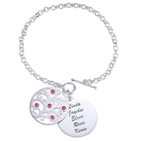 Picture of Engraved Family Tree Birthstone Bracelet Sterling Silver  - Customize With Any Name or Birthstone | Custom Name Bracelet 925 Sterling Silver