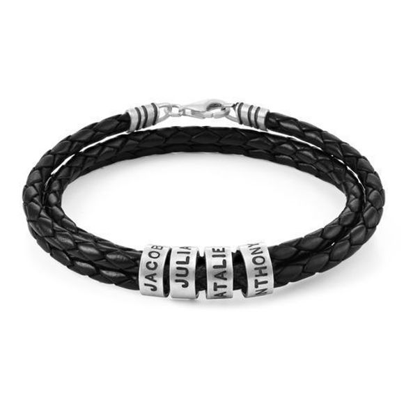 Picture of Unisex Braided Leather Bracelet with Small Custom Beads in 925 Sterling Silver - Customize With Any Name Letter | Custom Name Letter Bracelet 925 Sterling Silver