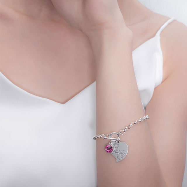 Picture of Engraved Heart Photo Pendant Bracelet in 925 Sterling Silver -  Customize With Any Photo or Birthstone | Custom Pendant Bracelet 925 Sterling Silver