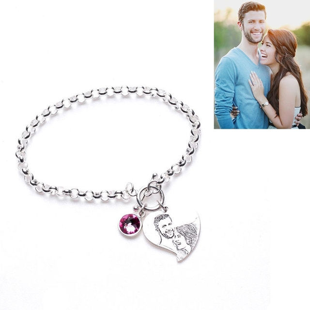 Picture of Engraved Heart Photo Pendant Bracelet in 925 Sterling Silver -  Customize With Any Photo or Birthstone | Custom Pendant Bracelet 925 Sterling Silver