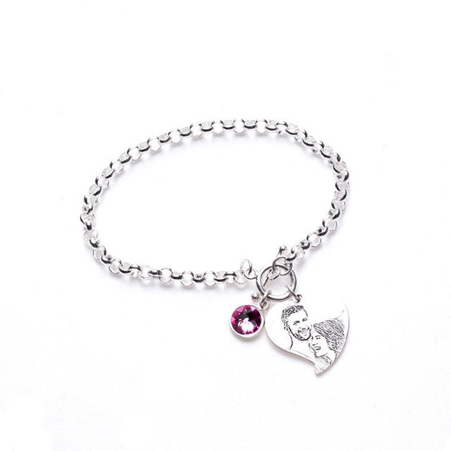 Picture of Engraved Heart Photo Pendant Bracelet in 925 Sterling Silver -  Customize With Any Photo or Birthstone | Custom Pendant Bracelet 925 Sterling Silver