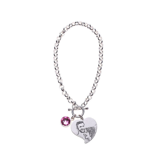 Picture of Engraved Heart Photo Pendant Bracelet in 925 Sterling Silver -  Customize With Any Photo or Birthstone | Custom Pendant Bracelet 925 Sterling Silver