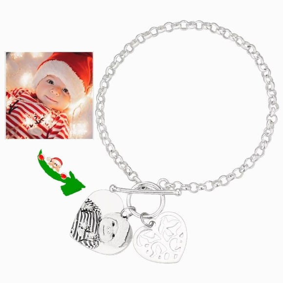 Picture of Women's Photo Engraved Heart Tag Bracelet With Engraving Silver -  Customize With Any Photo or Birthstone | Custom Pendant Bracelet 925 Sterling Silver