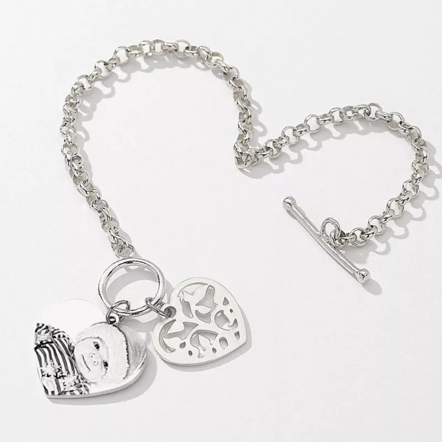 Picture of Women's Photo Engraved Heart Tag Bracelet With Engraving Silver -  Customize With Any Photo or Birthstone | Custom Pendant Bracelet 925 Sterling Silver