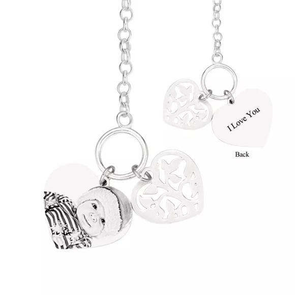 Picture of Women's Photo Engraved Heart Tag Bracelet With Engraving Silver -  Customize With Any Photo or Birthstone | Custom Pendant Bracelet 925 Sterling Silver