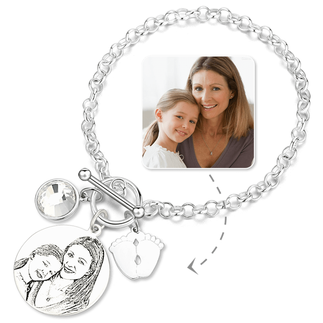 Picture of Women's Photo Engraved Tag Bracelet With Engraving Silver -  Customize With Any Photo or Birthstone | Custom Pendant Bracelet 925 Sterling Silver