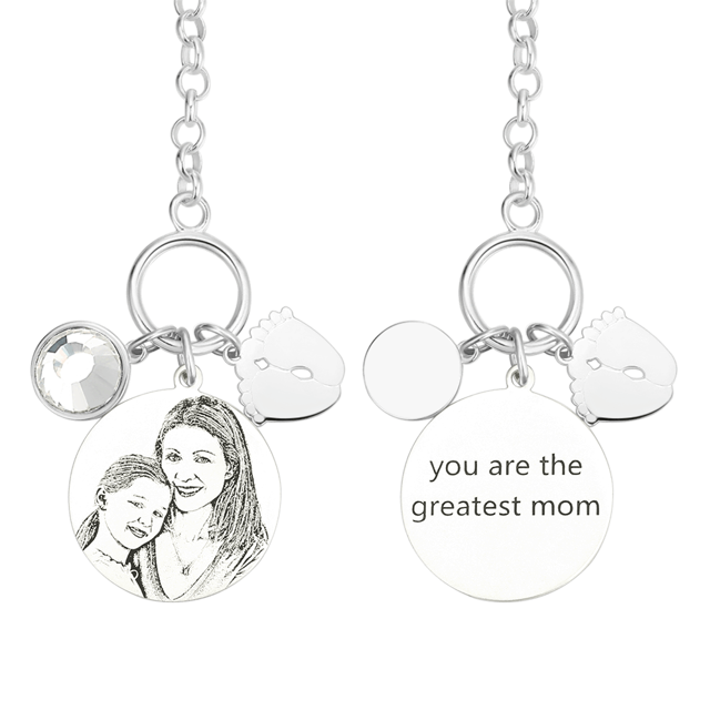 Picture of Women's Photo Engraved Tag Bracelet With Engraving Silver -  Customize With Any Photo or Birthstone | Custom Pendant Bracelet 925 Sterling Silver