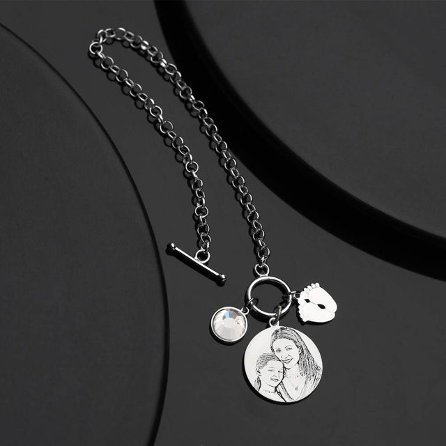 Picture of Women's Photo Engraved Tag Bracelet With Engraving Silver -  Customize With Any Photo or Birthstone | Custom Pendant Bracelet 925 Sterling Silver