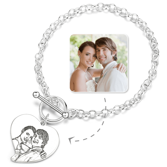 Picture of Women's Heart Photo Engraved Tag Bracelet With Engraving Silver -  Customize With Any Photo or Birthstone | Custom Pendant Bracelet 925 Sterling Silver