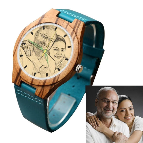 Picture of Engraved Wooden Stripe Photo Watch Blue Leather Strap - Zebra Wood -  Customize With Any Photo