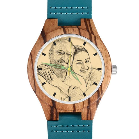 Picture of Engraved Wooden Stripe Photo Watch Blue Leather Strap - Zebra Wood -  Customize With Any Photo