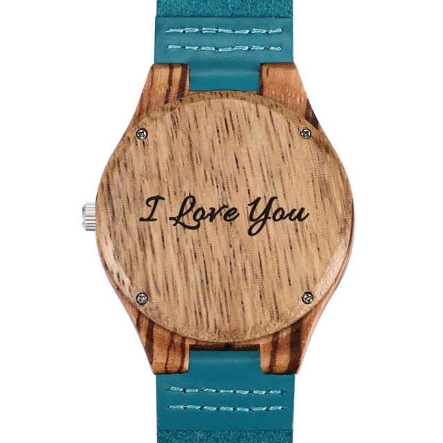 Picture of Engraved Wooden Stripe Photo Watch Blue Leather Strap - Zebra Wood -  Customize With Any Photo