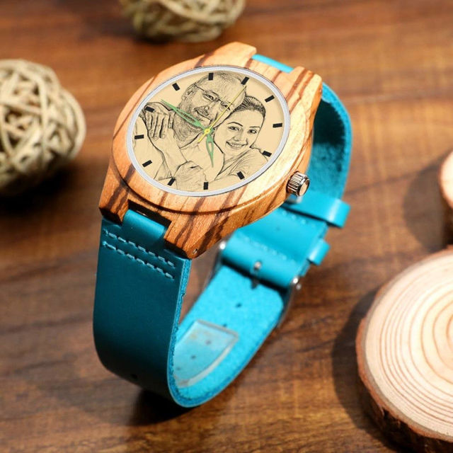 Picture of Engraved Wooden Stripe Photo Watch Blue Leather Strap - Zebra Wood -  Customize With Any Photo