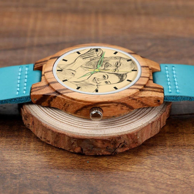 Picture of Engraved Wooden Stripe Photo Watch Blue Leather Strap - Zebra Wood -  Customize With Any Photo