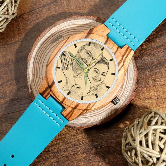 Picture of Engraved Wooden Stripe Photo Watch Blue Leather Strap - Zebra Wood -  Customize With Any Photo