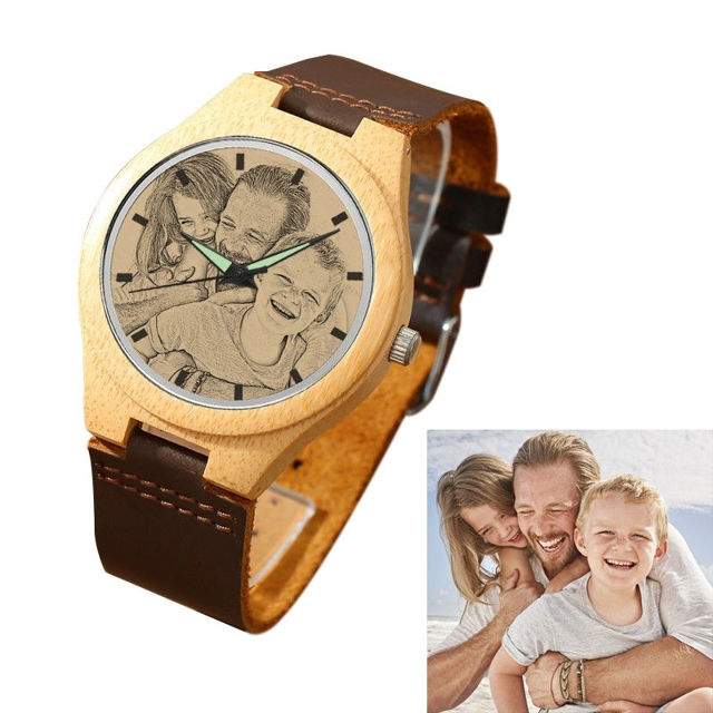 Picture of Men's Engraved Bamboo Photo Watch Brown Leather Strap -  Customize With Any Photo