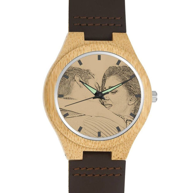 Picture of Men's Engraved Bamboo Photo Watch Brown Leather Strap -  Customize With Any Photo