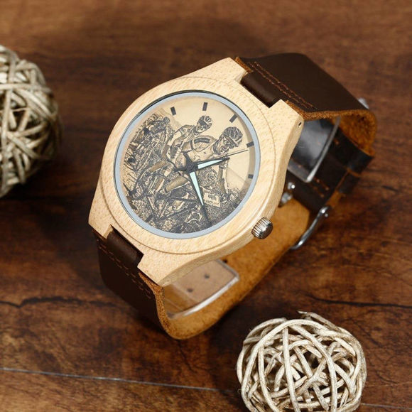 Picture of Men's Engraved Bamboo Photo Watch Brown Leather Strap -  Customize With Any Photo