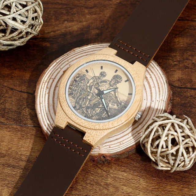 Picture of Men's Engraved Bamboo Photo Watch Brown Leather Strap -  Customize With Any Photo