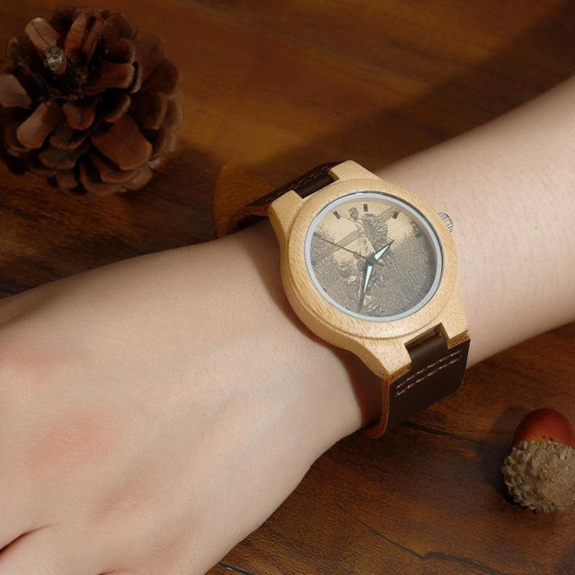 Picture of Men's Engraved Bamboo Photo Watch Brown Leather Strap -  Customize With Any Photo