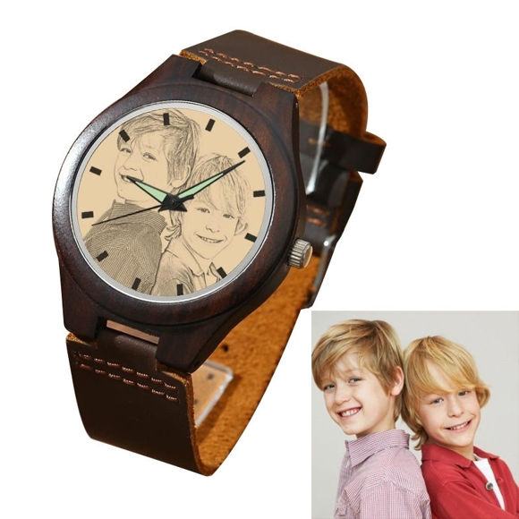 Picture of Men's Engraved Wooden Photo Watch Brown Leather Strap -  Customize With Any Photo