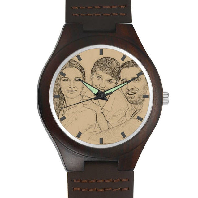 Picture of Men's Engraved Wooden Photo Watch Brown Leather Strap -  Customize With Any Photo