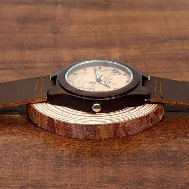 Picture of Men's Engraved Wooden Photo Watch Brown Leather Strap -  Customize With Any Photo