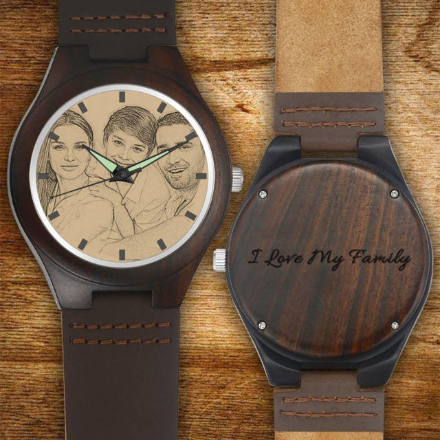 Picture of Men's Engraved Wooden Photo Watch Brown Leather Strap -  Customize With Any Photo