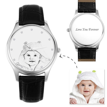 Picture of Custom Men's Engraved Photo Watch Black Leather Strap - Customize With Any Photo