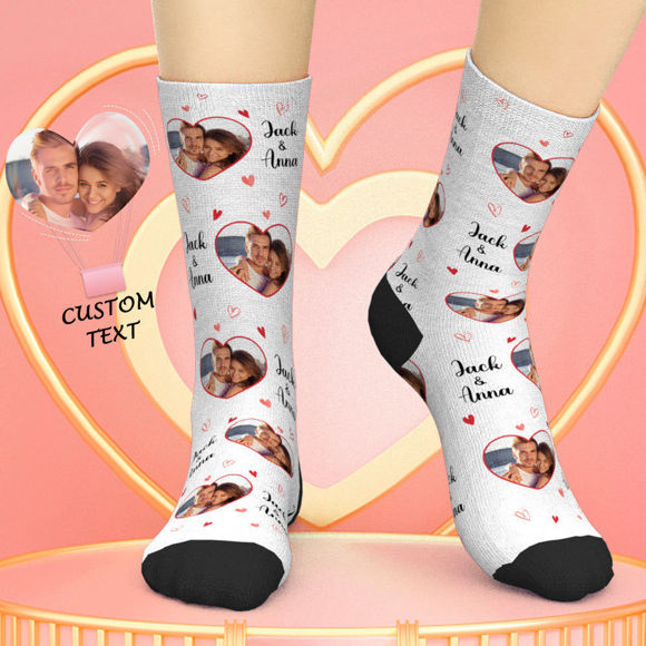 Picture of Custom Photo Names Socks Personalized Love Heart Valentine's Day Gifts Socks for Couples - Personalized Funny Photo Face Socks for Men & Women - Best Gift for Family