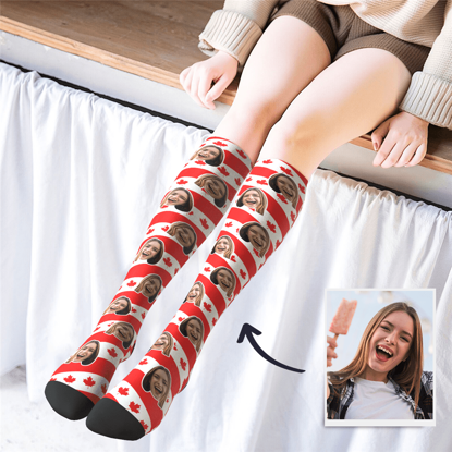 Picture of Personalized Knee High Printed Socks with Canada Flag - Personalized Funny Photo Face Socks for Women - Best Gift for Her