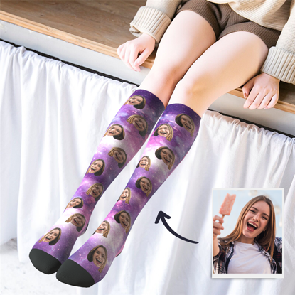 Picture of Personalized Knee High Printed Socks with Galaxy - Personalized Funny Photo Face Socks for Women - Best Gift for Her