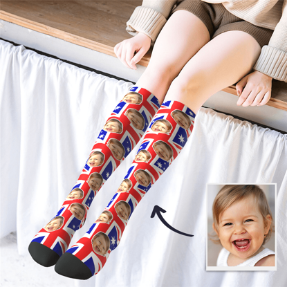 Picture of Personalized Knee High Printed Socks with AU Flag - Personalized Funny Photo Face Socks for Women - Best Gift for Her