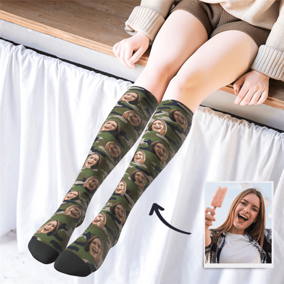 Picture of Personalized Knee High Printed Socks with Camo - Personalized Funny Photo Face Socks for Women - Best Gift for Her