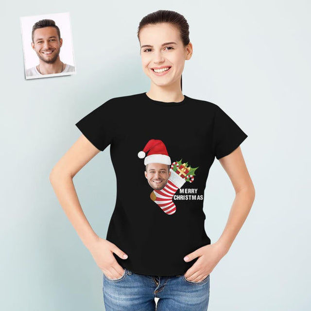 Picture of Custom Photo Short Sleeve T-shirt - Custom Face Women's Christmas Family Shirt with Christmas Stockings and Gifts