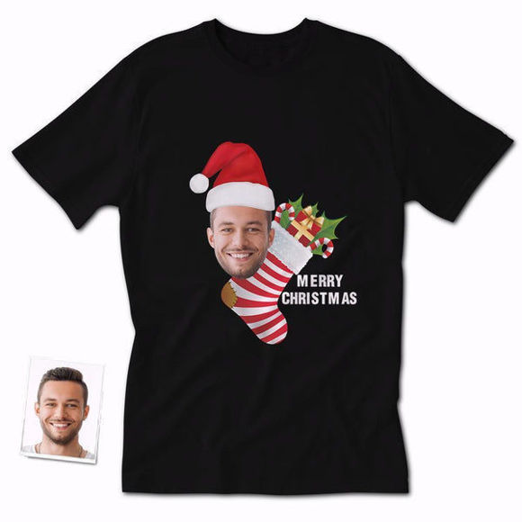 Picture of Custom Photo Short Sleeve T-shirt - Custom Face Women's Christmas Family Shirt with Christmas Stockings and Gifts