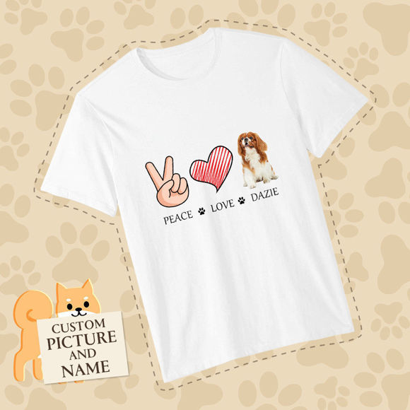 Picture of Custom Photo Short Sleeve T-shirt - Custom Pet Lovers T Shirts Peace And Love Personalized Pet Picture And Name