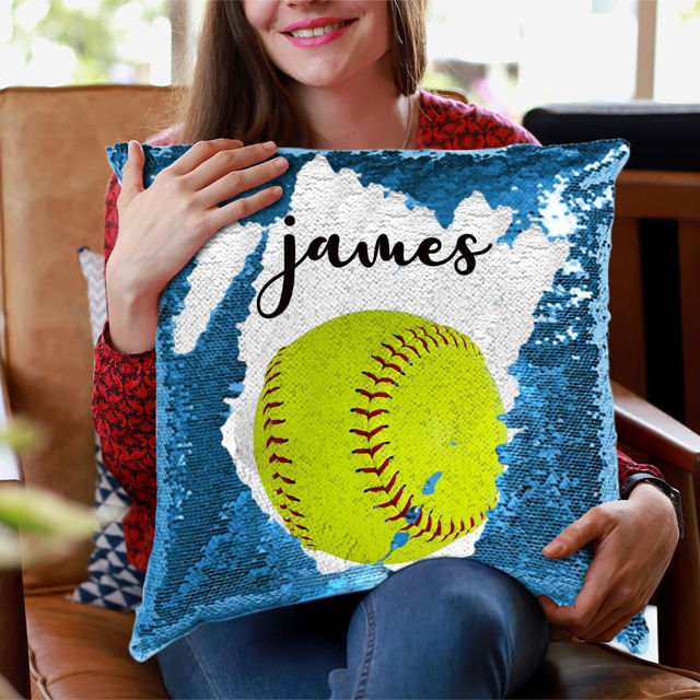 Picture of Personalized Name Magic Baseball Sequin Pillow｜Best Gift Idea for Birthday, Thanksgiving, Christmas etc.