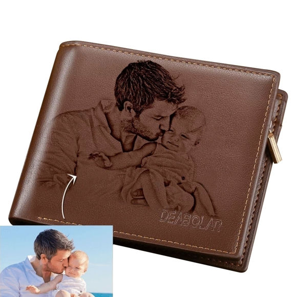 Picture of Personalized Photo Engraved Wallet for Men in Brown - Custom Photo & Text Engraved Trifold Wallet Best Gifts for Father Husband or Boyfriend