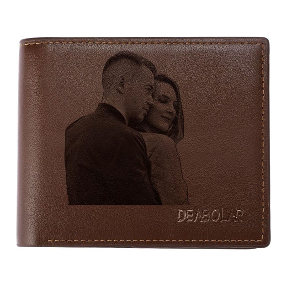 Picture of Personalized Photo Engraved Wallet for Men in Brown - Custom Photo & Text Engraved Trifold Wallet Best Gifts for Father Husband or Boyfriend