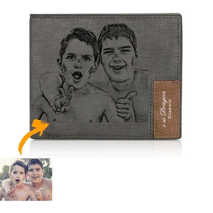 Picture of Men's Bifold Engraved Photo Wallet - Gray - Custom Photo & Text Engraved Trifold Wallet Best Gifts for Father Husband or Boyfriend