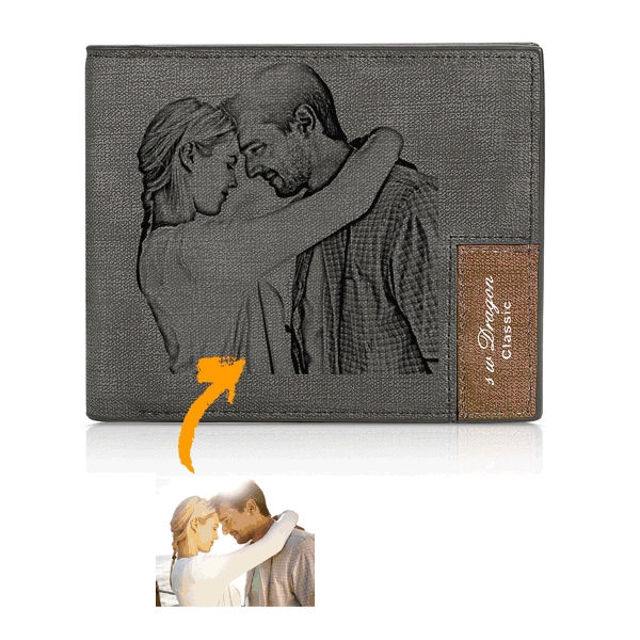 Picture of Men's Bifold Engraved Photo Wallet - Gray - Custom Photo & Text Engraved Trifold Wallet Best Gifts for Father Husband or Boyfriend